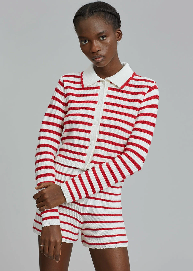 The Plan Aqua Knit Cardigan - Red Stripe CLOTHING