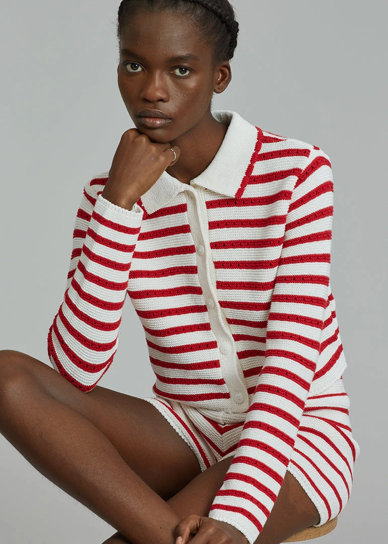 The Plan Aqua Knit Cardigan - Red Stripe CLOTHING