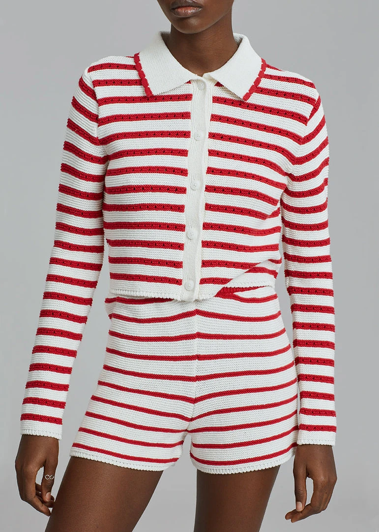 The Plan Aqua Knit Cardigan - Red Stripe CLOTHING
