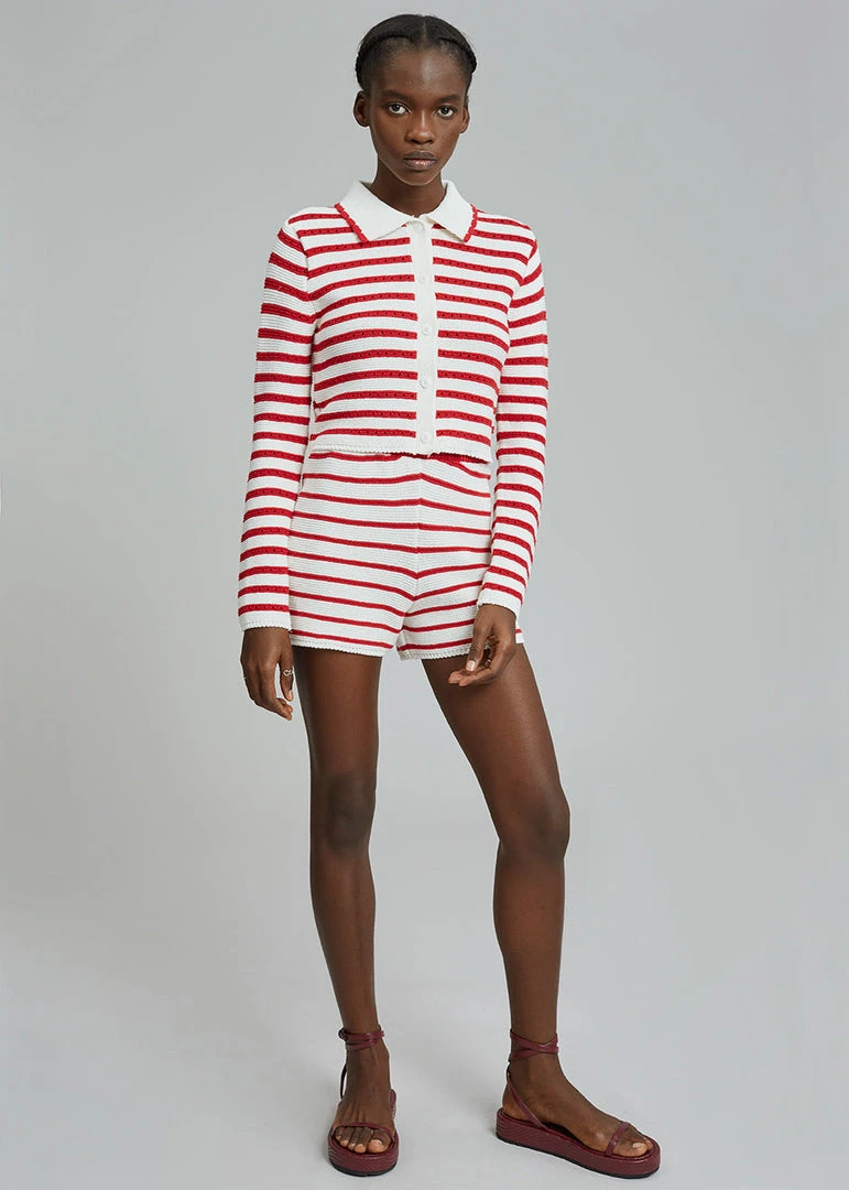 The Plan Aqua Knit Cardigan - Red Stripe CLOTHING