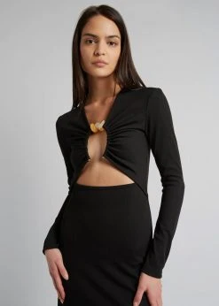 Christopher Esber Split Quartz Ruched Long Sleeve Dress - Black/Yellow Stones CLOTHING