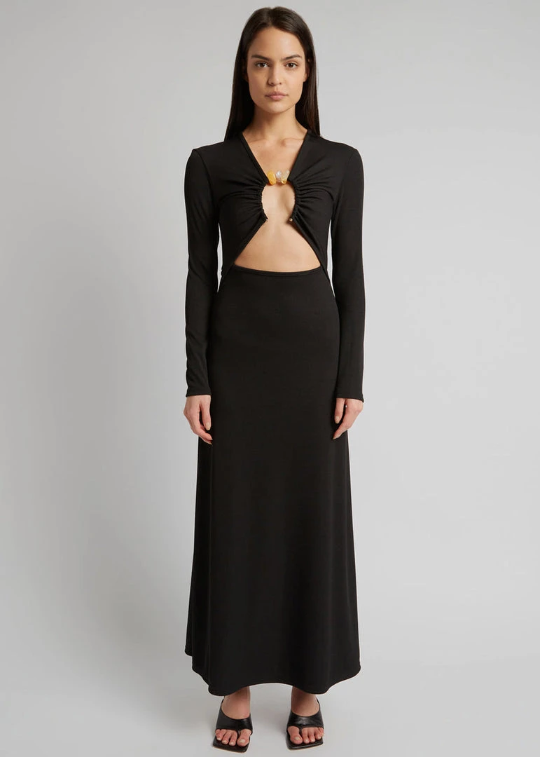 Christopher Esber Split Quartz Ruched Long Sleeve Dress - Black/Yellow Stones CLOTHING