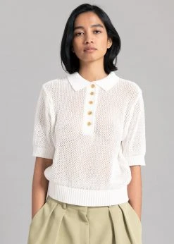 The Frankie Shop Ela Crochet Polo Top - White CLOTHING
