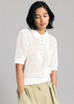 The Frankie Shop Ela Crochet Polo Top - White CLOTHING