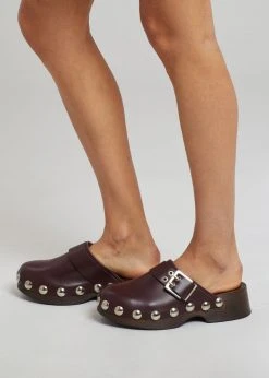 GANNI Studded Leather Clogs - Burgundy SHOES