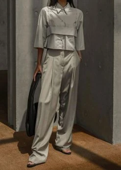 The Frankie Shop CLOTHING Gelso Pleated Trousers - Light Taupe Melange