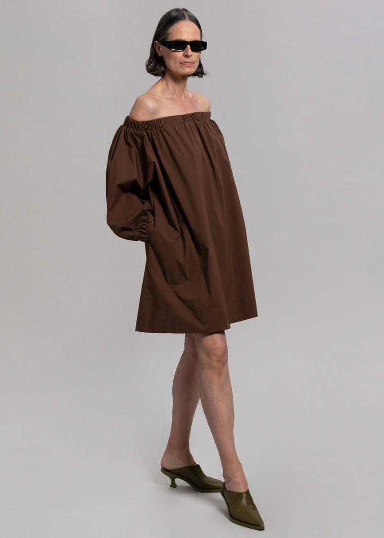 Creamvilla Greta Off Shoulder Dress - Chocolate CLOTHING