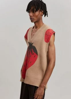 Men JW Anderson Strawberry V-Neck Vest - Brown/Red
