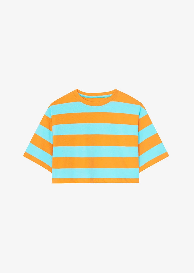 The Frankie Shop Karina Cropped T-Shirt - Turquoise/Bright Orange CLOTHING