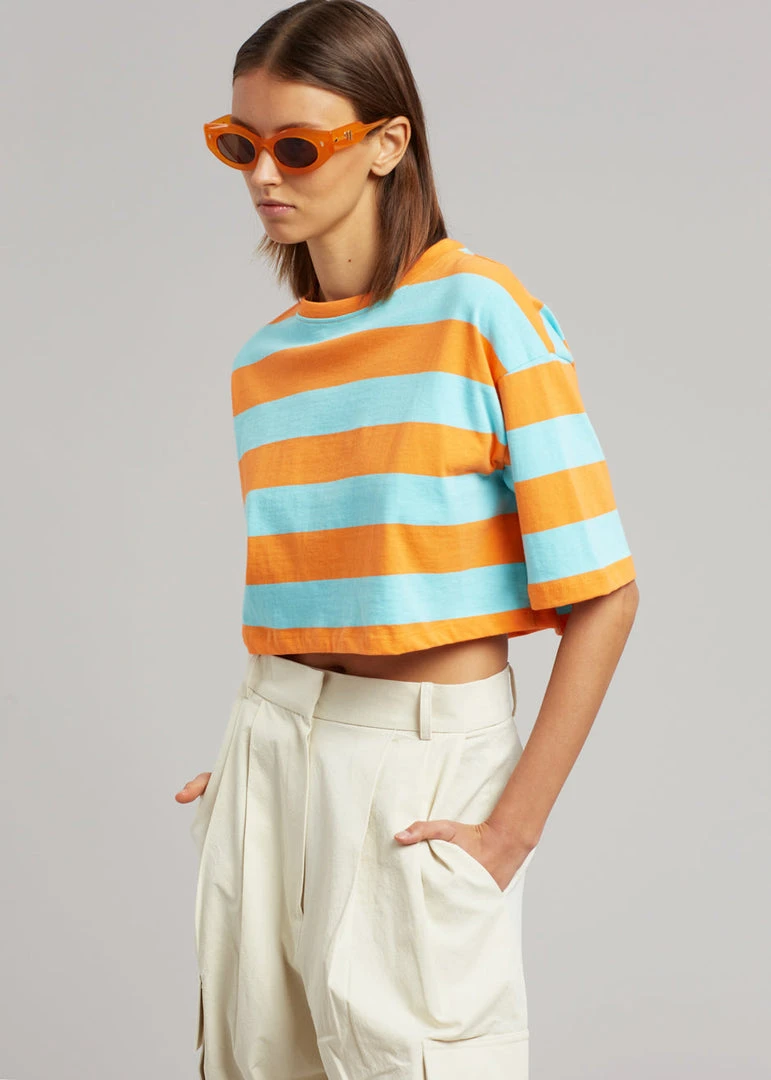 The Frankie Shop Karina Cropped T-Shirt - Turquoise/Bright Orange CLOTHING