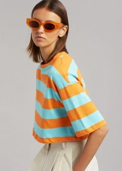The Frankie Shop Karina Cropped T-Shirt - Turquoise/Bright Orange CLOTHING