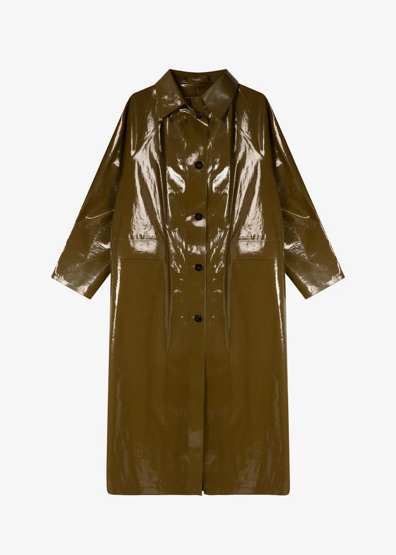 KASSL Editions Long Lacquer Trench Coat - Olive CLOTHING