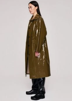 KASSL Editions Long Lacquer Trench Coat - Olive CLOTHING