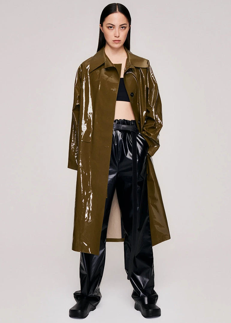 KASSL Editions Long Lacquer Trench Coat - Olive CLOTHING