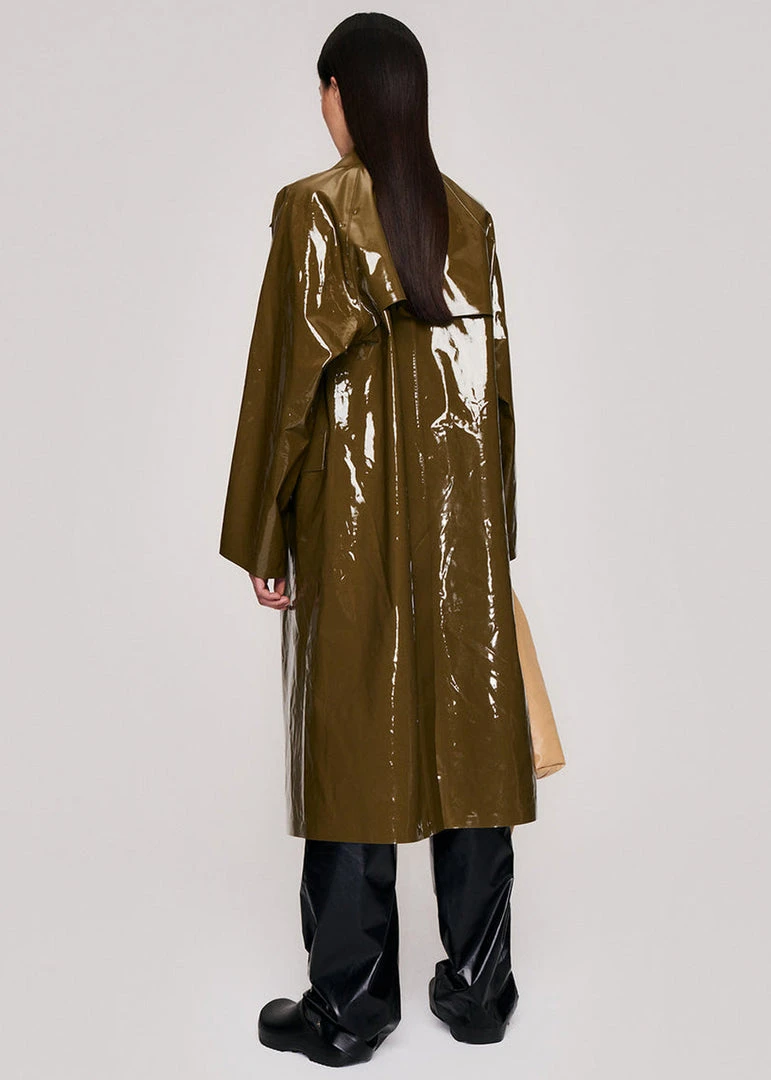 KASSL Editions Long Lacquer Trench Coat - Olive CLOTHING