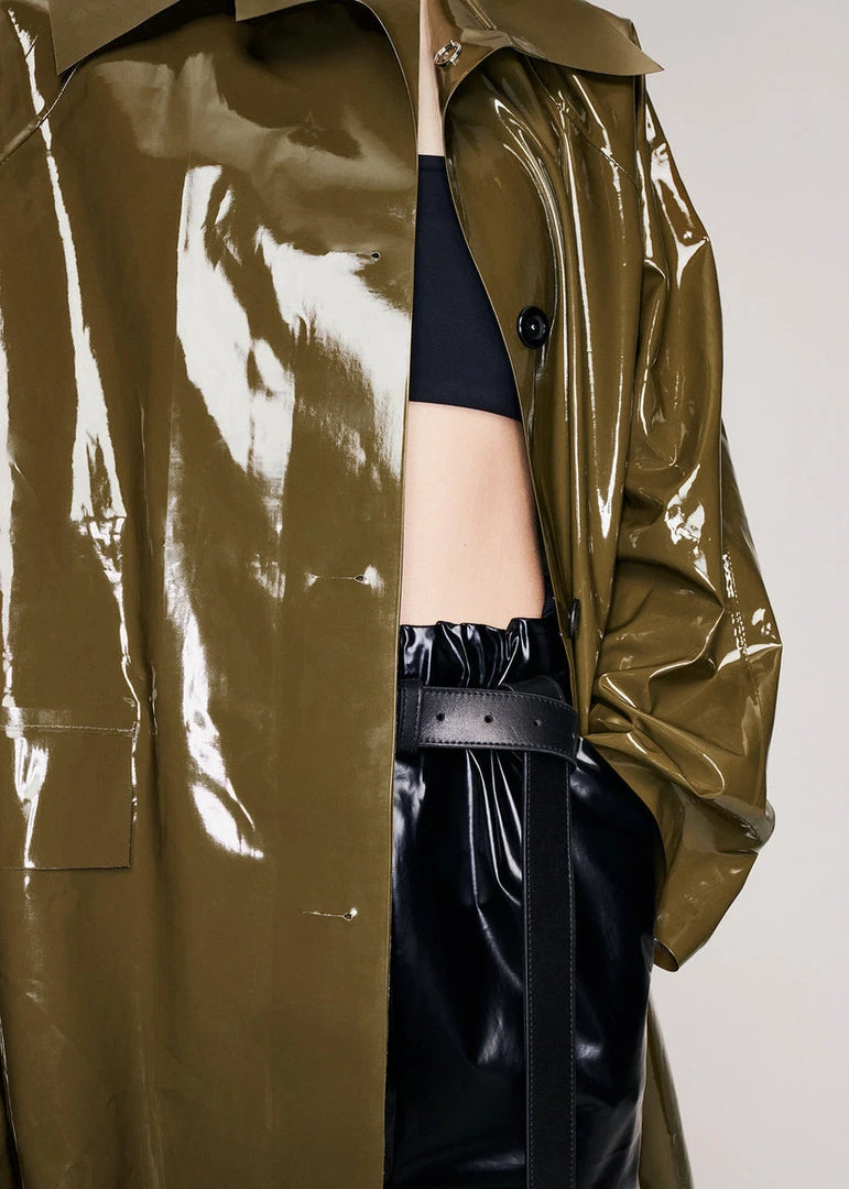 KASSL Editions Long Lacquer Trench Coat - Olive CLOTHING