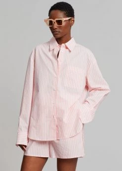 The Frankie Shop Lui Cotton Shirt - Pink Stripe CLOTHING
