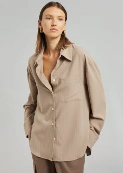The Frankie Shop Lui Fluid Pinstripe Shirt - Camel CLOTHING
