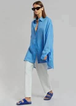 The Frankie Shop CLOTHING Marlow Oversized Linen Shirt - Blue