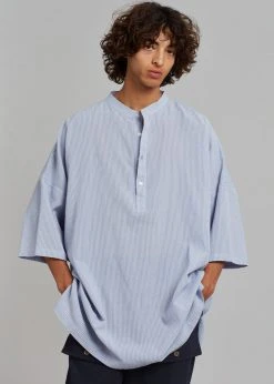 The Frankie Shop Teo Oversized Collarless Shirt - Light Blue