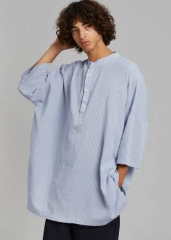 The Frankie Shop Teo Oversized Collarless Shirt - Light Blue